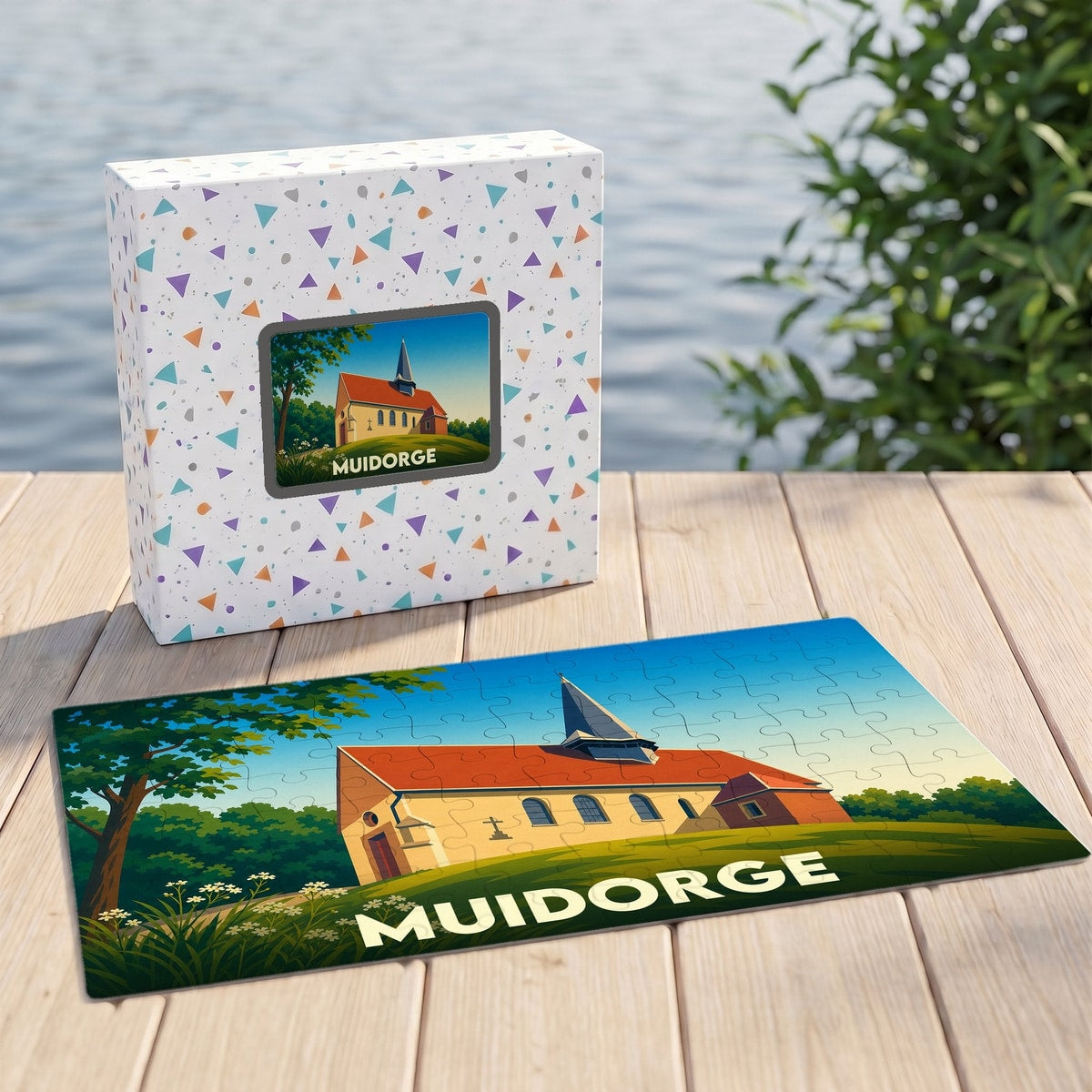 Puzzle souvenir de la ville de Muidorge avec une illustration stylisée d'une église.