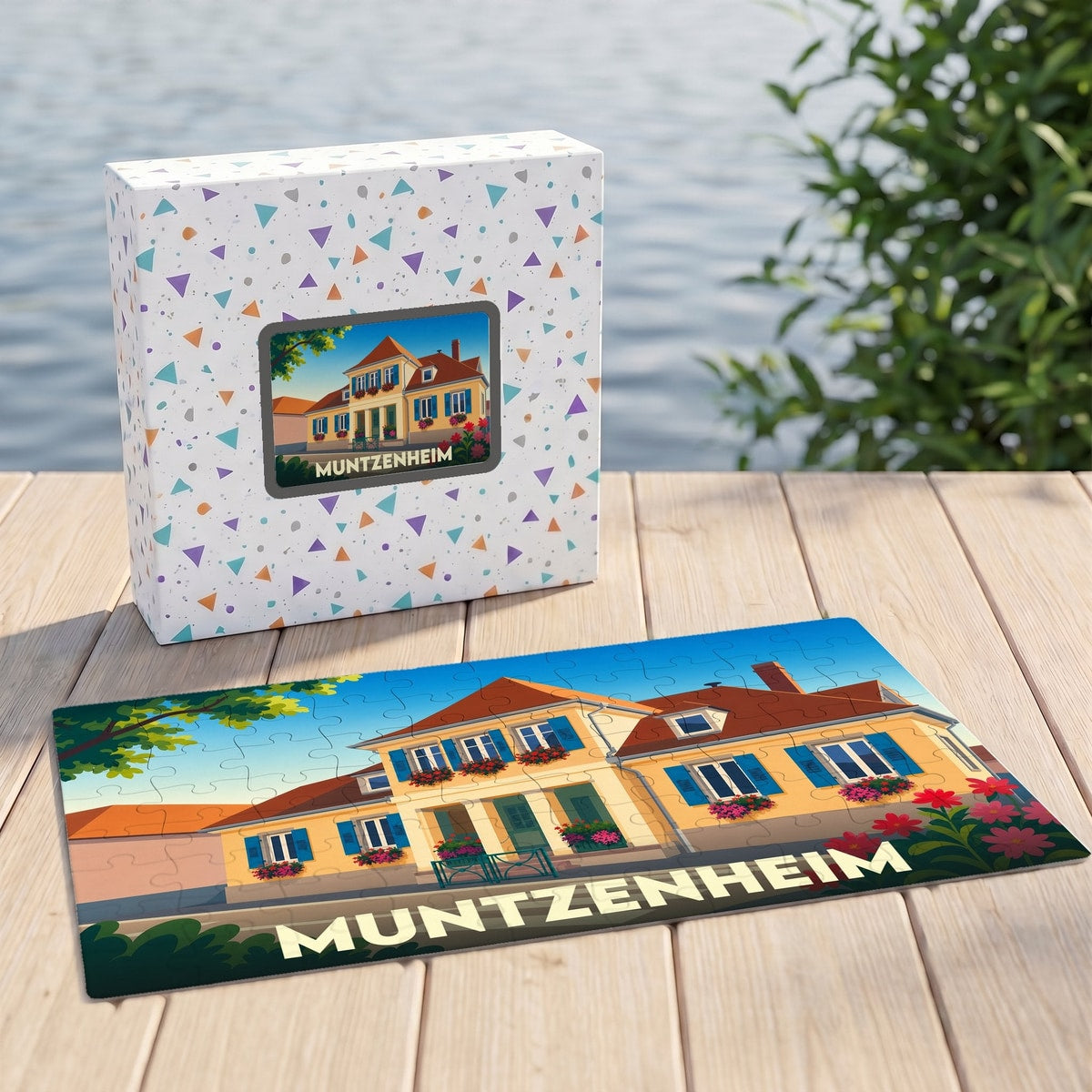 Puzzle souvenir de la ville de Muntzenheim avec une illustration stylisée d'une maison alsacienne.