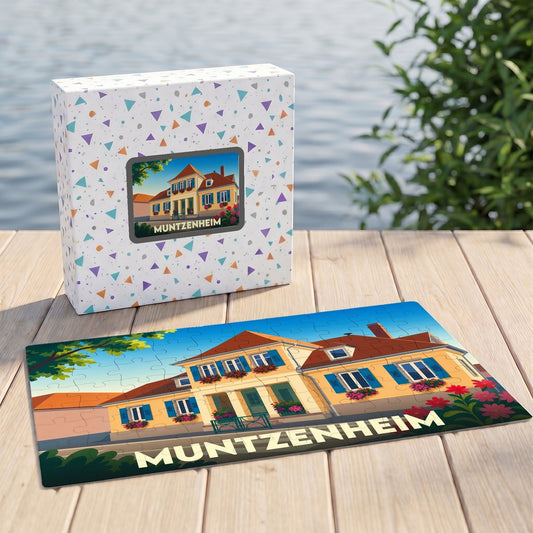 Puzzle souvenir de la ville de Muntzenheim avec une illustration stylisée d'une maison alsacienne.