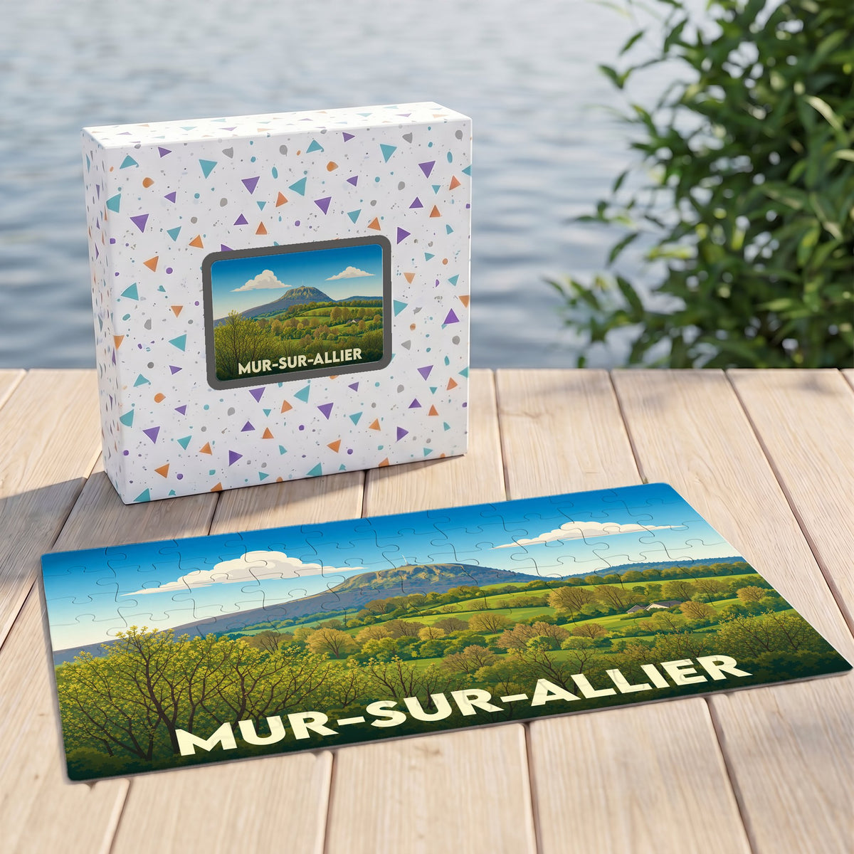 Puzzle souvenir de la ville de Mur-sur-Allier avec une illustration de paysage champêtre.