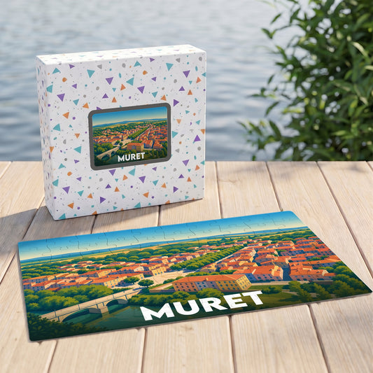Puzzle souvenir de la ville de Muret avec une illustration panoramique stylisée sur sa boîte et en version assemblée.
