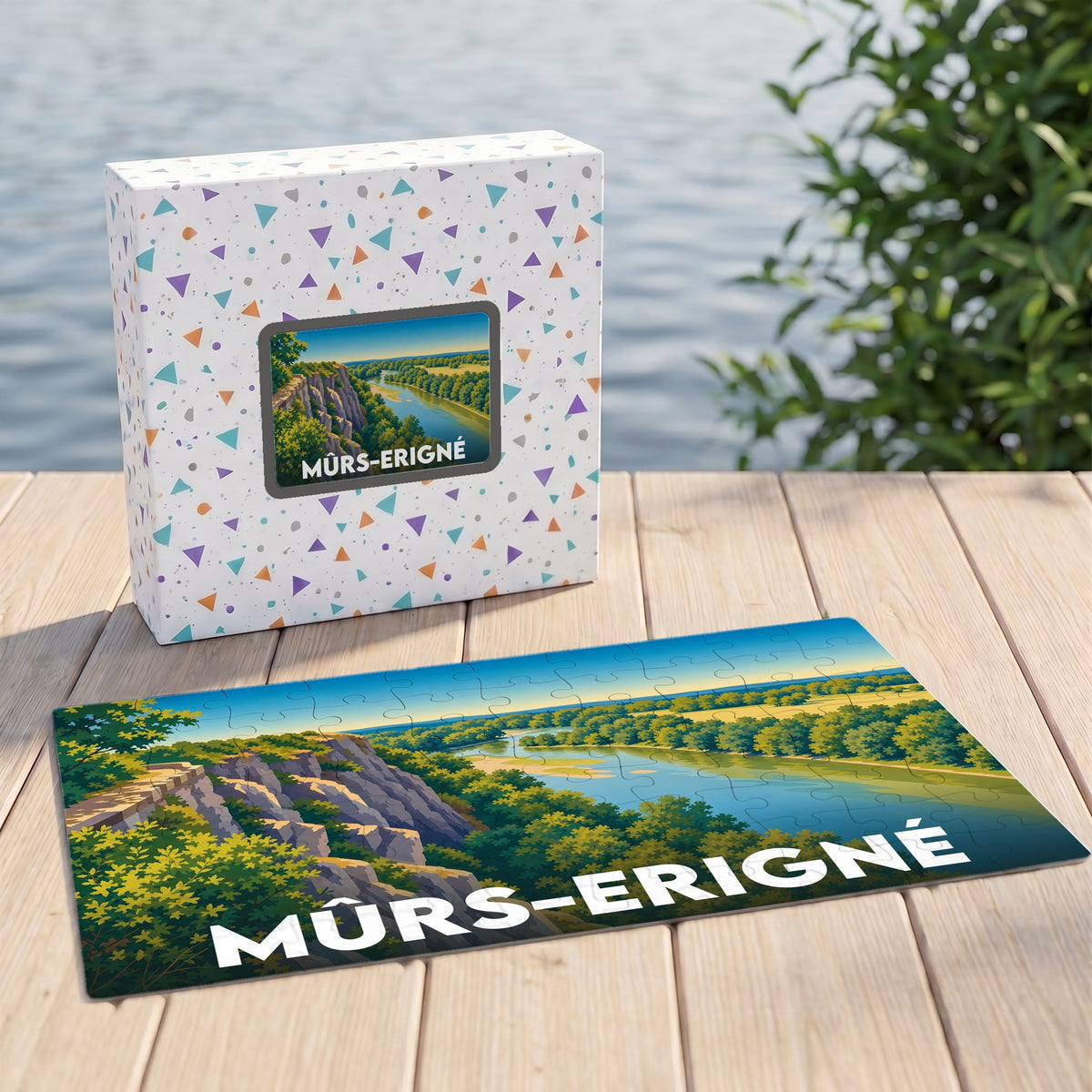 Puzzle souvenir de la ville de Mûrs-Erigné avec une illustration stylisée d'un paysage fluvial.