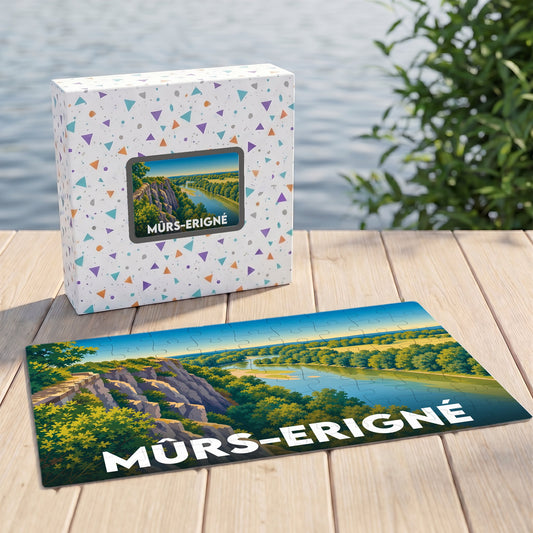Puzzle souvenir de la ville de Mûrs-Erigné avec une illustration stylisée d'un paysage fluvial.