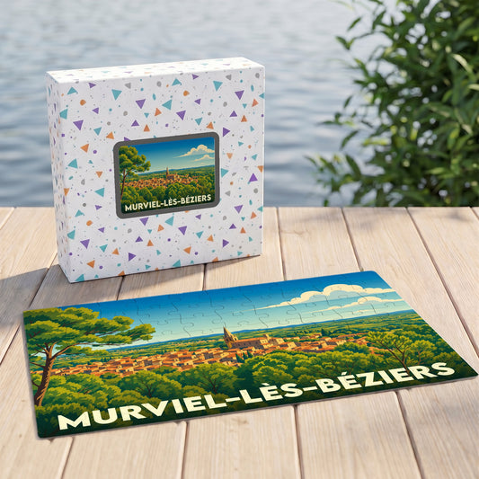 Puzzle souvenir de la ville de Murviel-lès-Béziers avec une illustration panoramique stylisée.