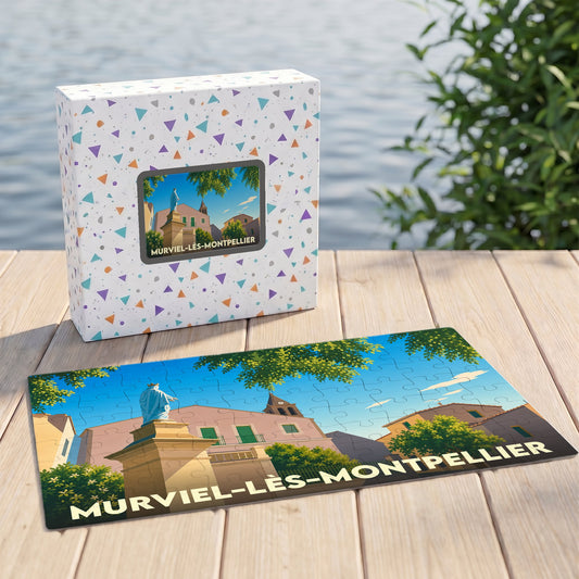 Puzzle souvenir de la ville de Murviel-lès-Montpellier avec son emballage et une illustration stylisée.