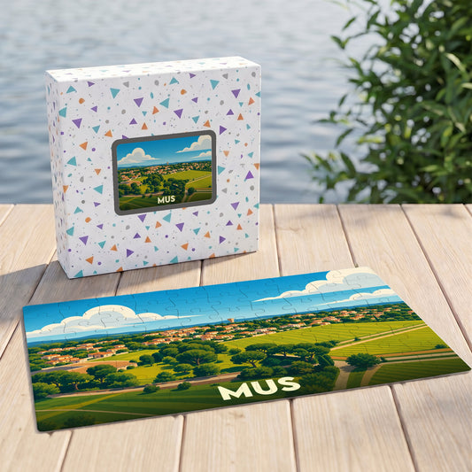 Puzzle souvenir de la ville de Mus avec une illustration stylisée de son paysage champêtre.