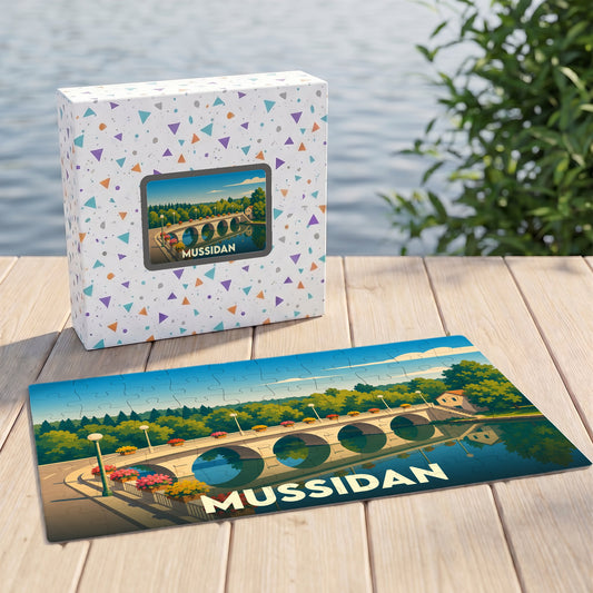 Puzzle souvenir de la ville de Mussidan représentant une illustration stylisée de son pont.