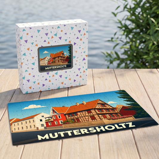 Puzzle souvenir de la ville de Muttersholtz avec une illustration stylisée de maisons à colombages alsaciennes.
