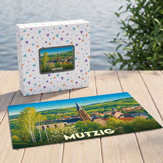 Puzzle souvenir de la ville de Mutzig illustrant un paysage urbain avec son église dans un style graphique épuré.