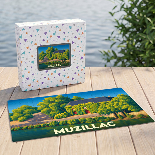 Puzzle souvenir de la ville de Muzillac illustrant une maison au bord de l'eau dans un style artistique coloré.
