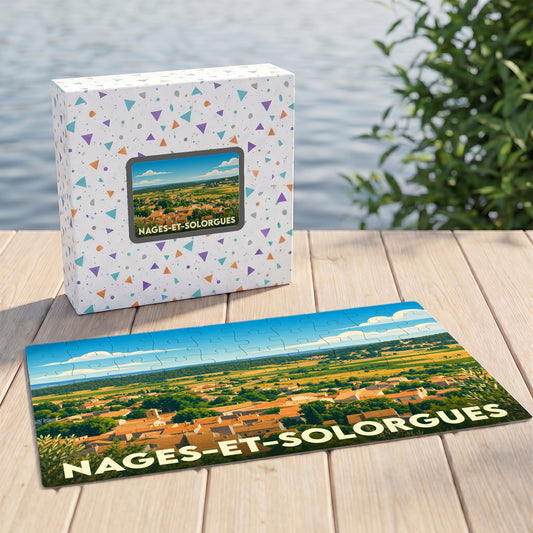 Puzzle souvenir de la ville de Nages-et-Solorgues avec une illustration panoramique stylisée.