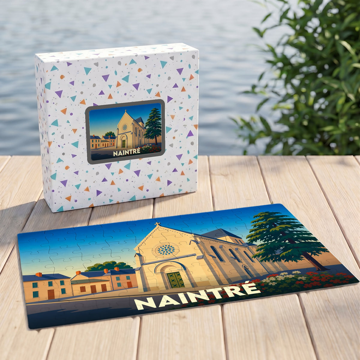 Puzzle souvenir de la ville de Naintré avec une illustration stylisée d'une église sous un ciel azur.