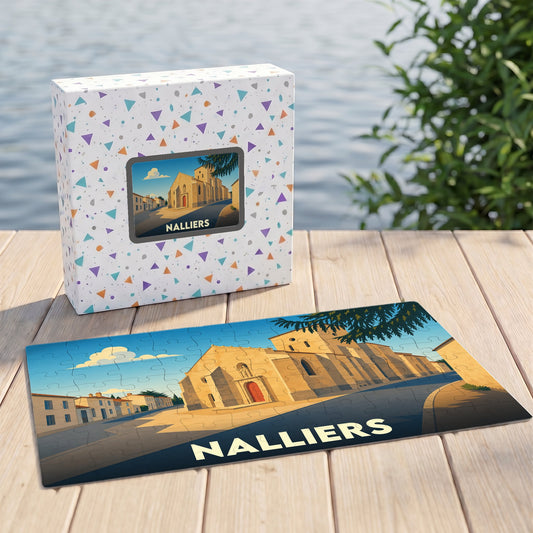 Puzzle souvenir de la ville de Nalliers avec une illustration stylisée d'un bâtiment historique.