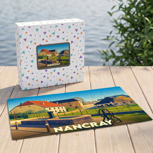 Puzzle souvenir de la ville de Nancray avec une illustration stylisée et colorée.