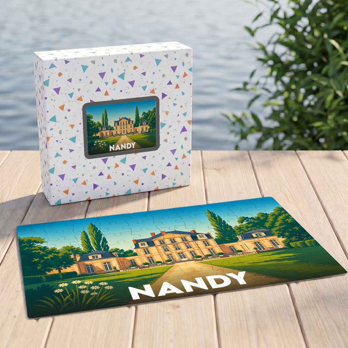 Puzzle souvenir de la ville de Nandy avec une illustration stylisée d'un château.