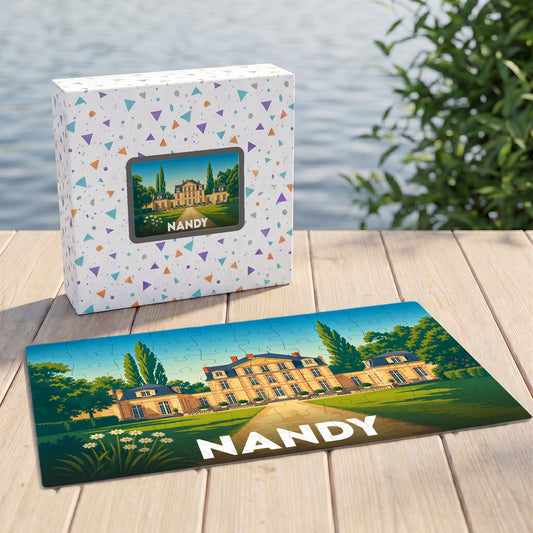 Puzzle souvenir de la ville de Nandy avec une illustration stylisée d'un château.