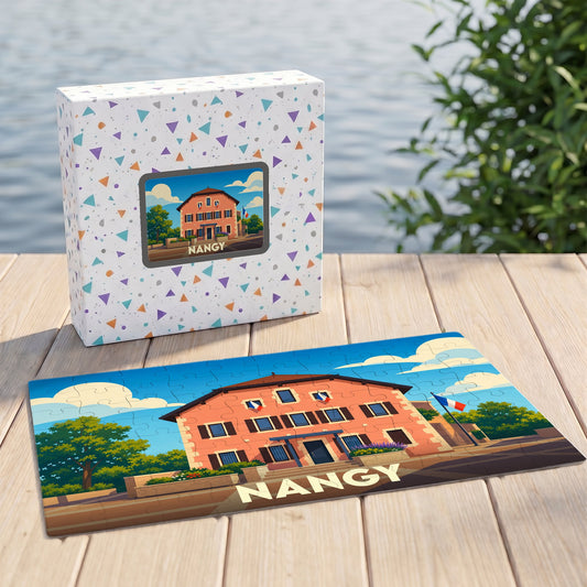 Puzzle souvenir de la ville de Nangy avec une illustration colorée et stylisée de sa mairie.