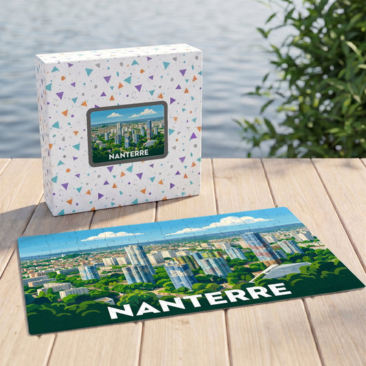 Puzzle souvenir de la ville de Nanterre avec une illustration stylisée de son paysage urbain.