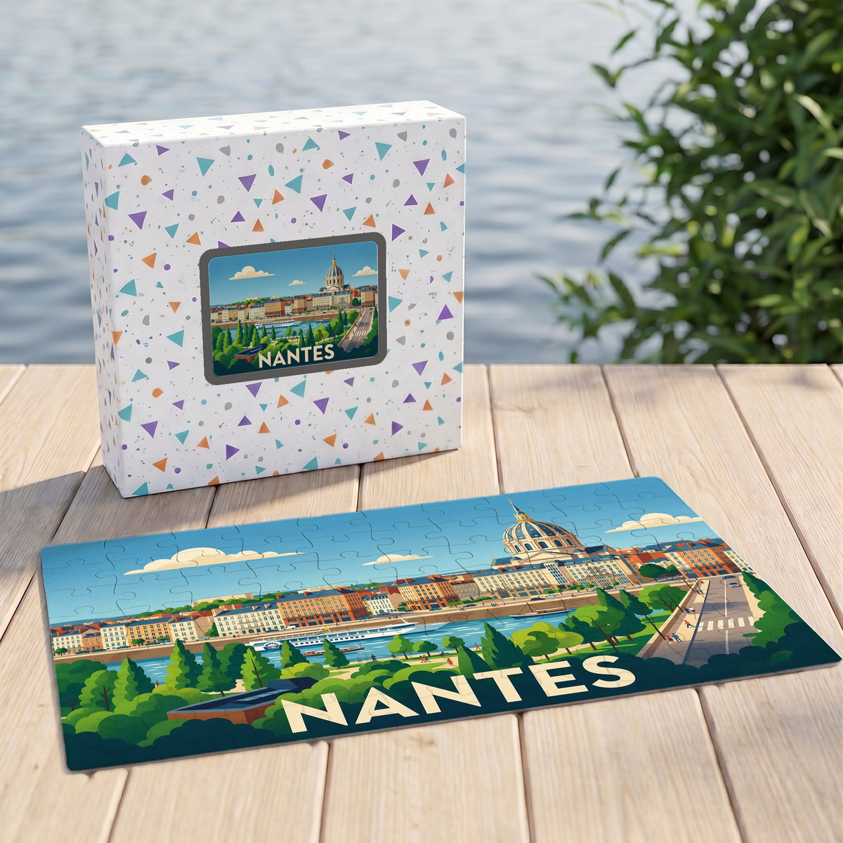 Puzzle souvenir de la ville de Nantes avec une illustration stylisée et sa boîte assortie.
