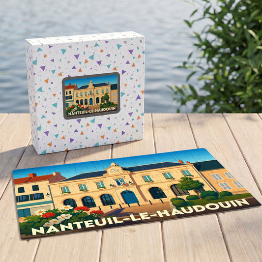 Puzzle souvenir de la ville de Nanteuil-le-Haudouin avec une illustration stylisée de l'hôtel de ville.