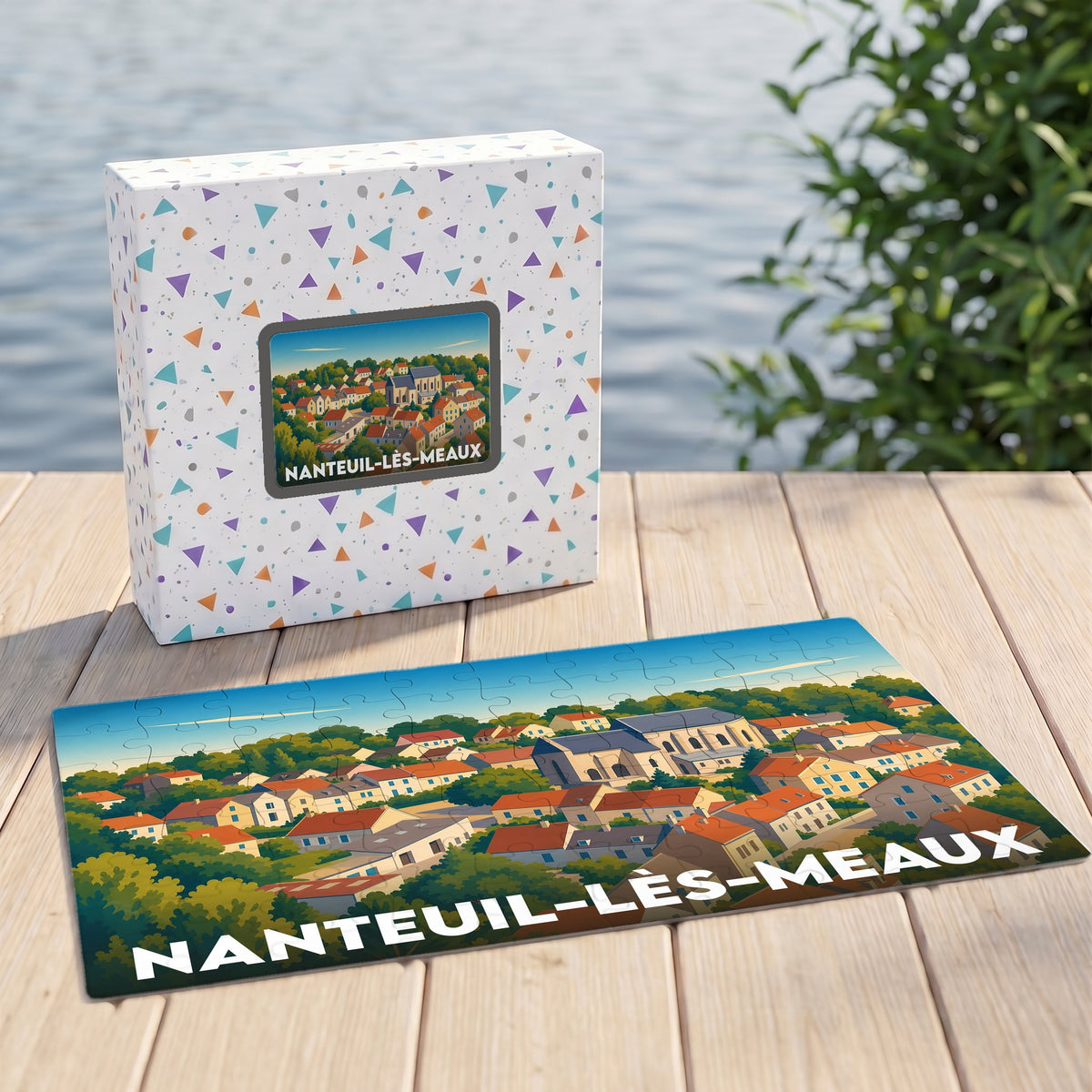 Puzzle souvenir de la ville de Nanteuil-lès-Meaux avec son coffret illustré assorti.