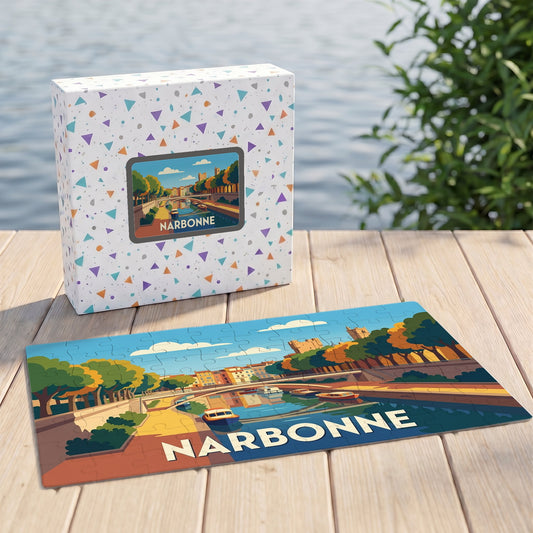 Puzzle souvenir de la ville de Narbonne illustrant le canal de la Robine dans un style vintage.