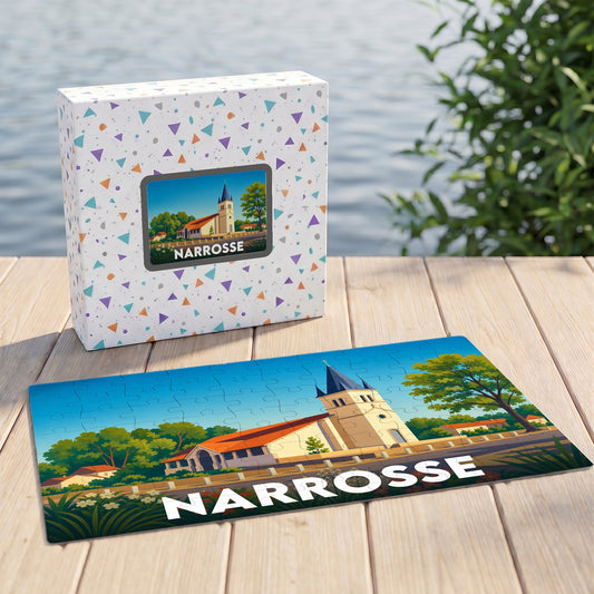 Puzzle souvenir de la ville de Narrosse avec une illustration stylisée de son église.