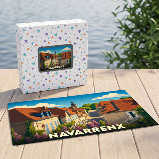 Puzzle souvenir de la ville de Navarrenx avec une illustration colorée et stylisée de ses rues.