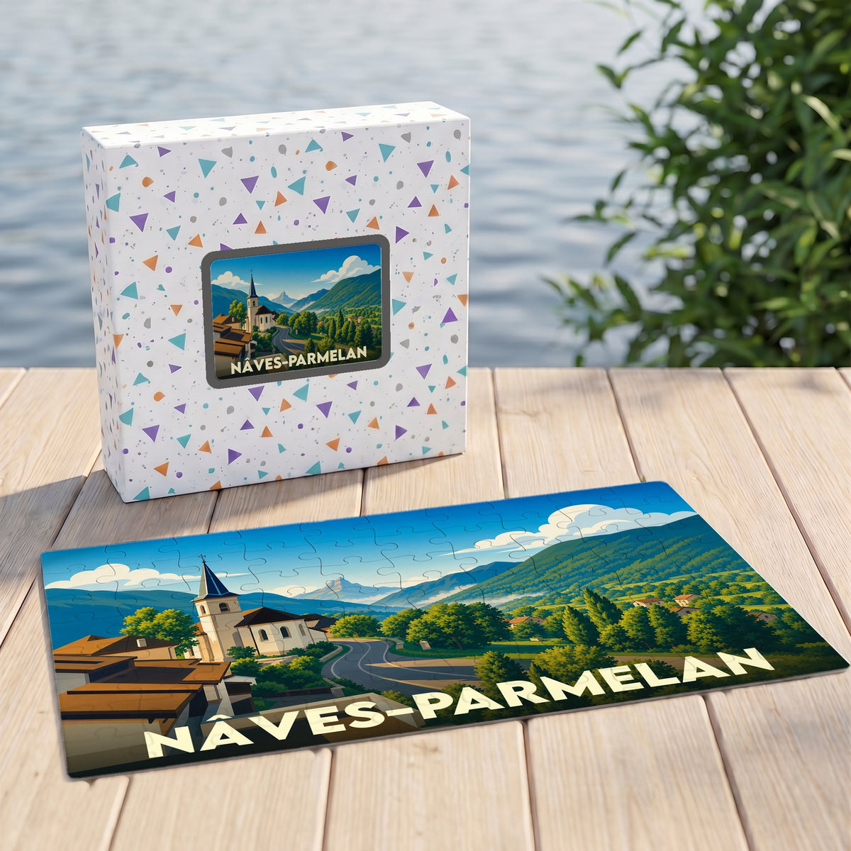 Puzzle souvenir de la ville de Nâves-Parmelan avec une illustration stylisée de son église et de ses montagnes.