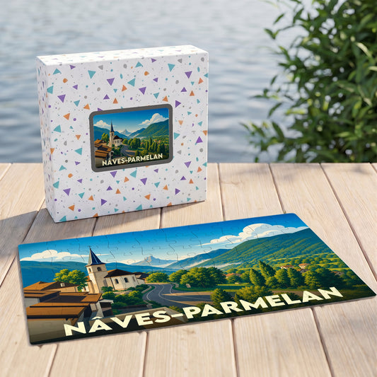 Puzzle souvenir de la ville de Nâves-Parmelan avec une illustration stylisée de son église et de ses montagnes.