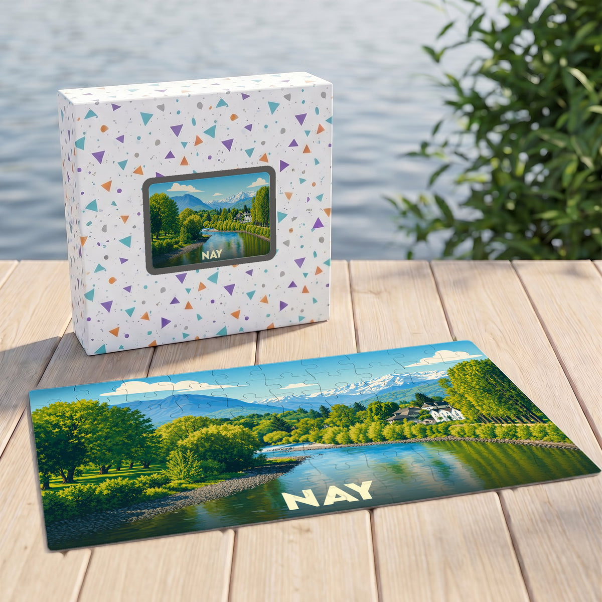 Puzzle souvenir de la ville de Nay avec une illustration paysagère stylisée.