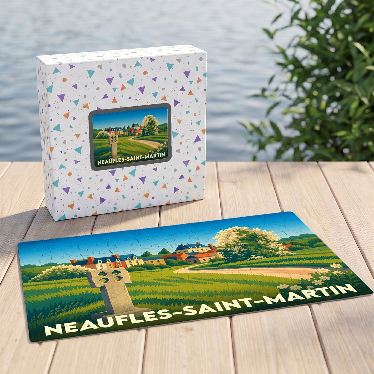 Puzzle souvenir de la ville de Neaufles-Saint-Martin avec une illustration paysagère stylisée.