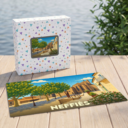 Puzzle souvenir de la ville de Neffiès avec une illustration stylisée d'une place ensoleillée.
