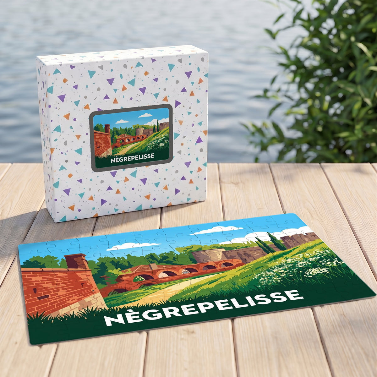 Puzzle souvenir de la ville de Nègrepelisse avec une illustration stylisée et colorée de son patrimoine.