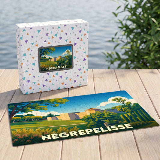 Puzzle souvenir de la ville de Nègrepelisse illustrant son château et ses paysages dans un style graphique épuré.
