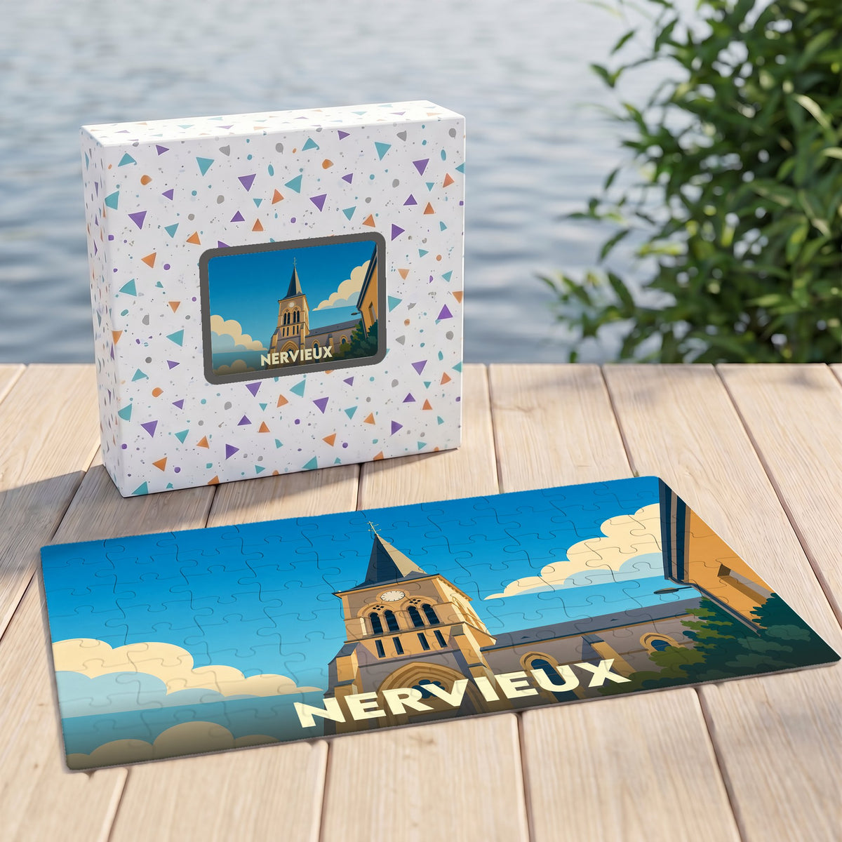 Puzzle souvenir de la ville de Nervieux avec une illustration stylisée de son église.