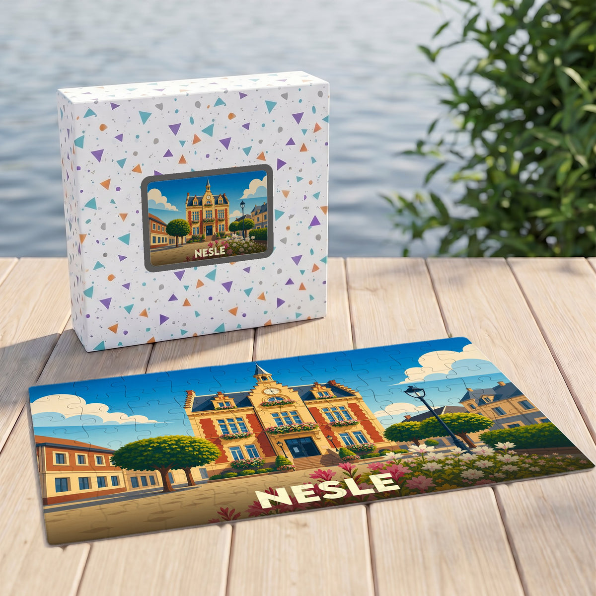 Puzzle souvenir de la ville de Nesle avec une illustration colorée de son hôtel de ville.