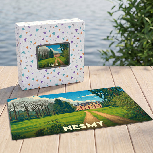 Puzzle souvenir de la ville de Nesmy représentant une illustration stylisée d'un château et de son parc.