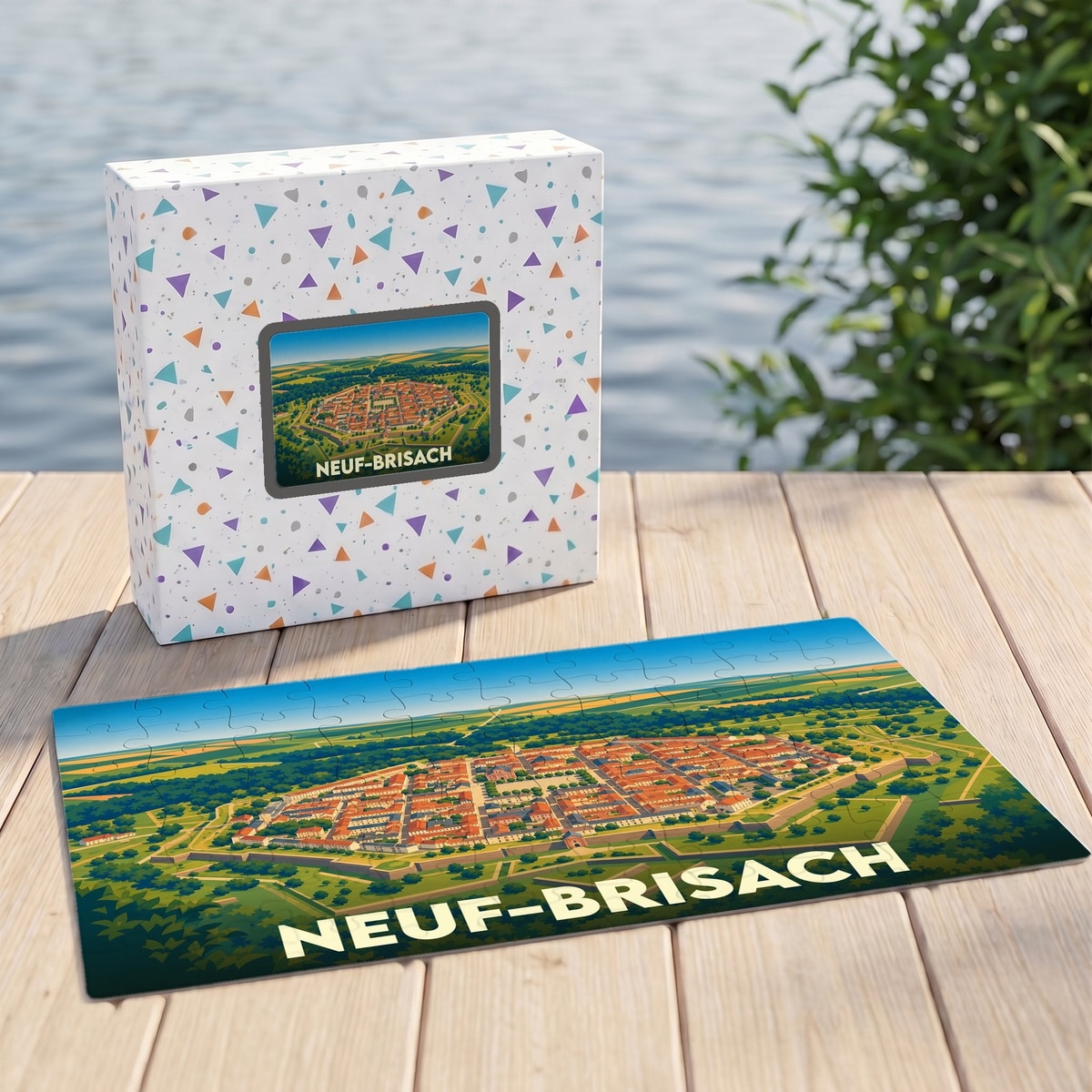 Puzzle souvenir de la ville de Neuf-Brisach avec une illustration aérienne stylisée de ses fortifications.