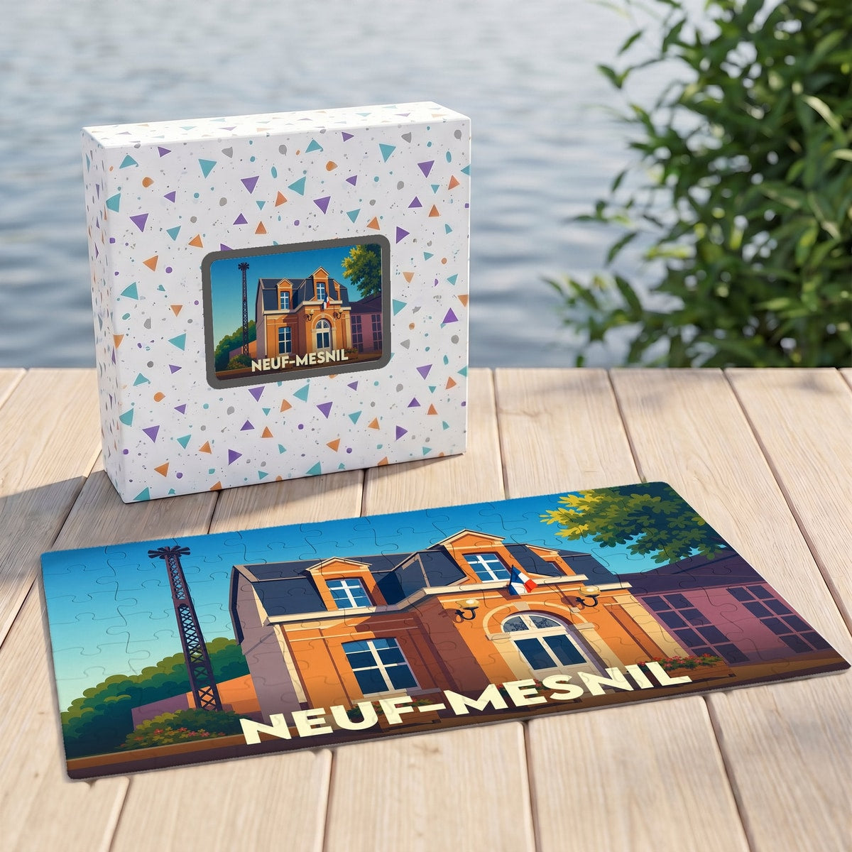Puzzle souvenir de la ville de Neuf-Mesnil avec une illustration stylisée de sa mairie.