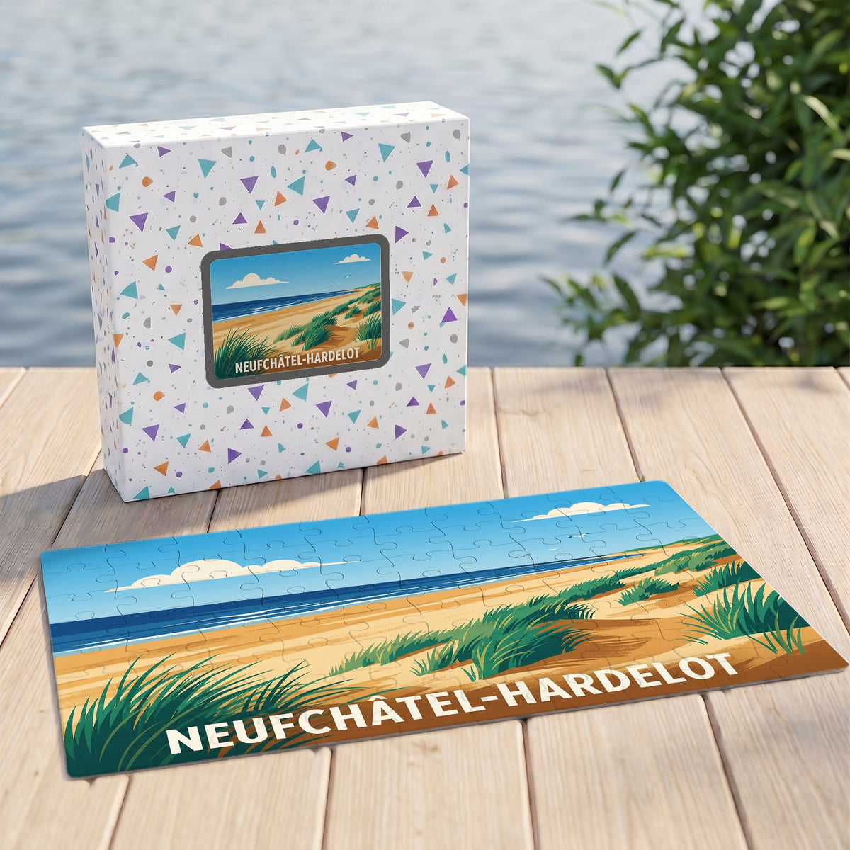 Puzzle souvenir de la ville de Neufchâtel-Hardelot avec une illustration de plage et de dunes.