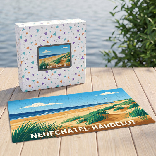 Puzzle souvenir de la ville de Neufchâtel-Hardelot avec une illustration de plage et de dunes.