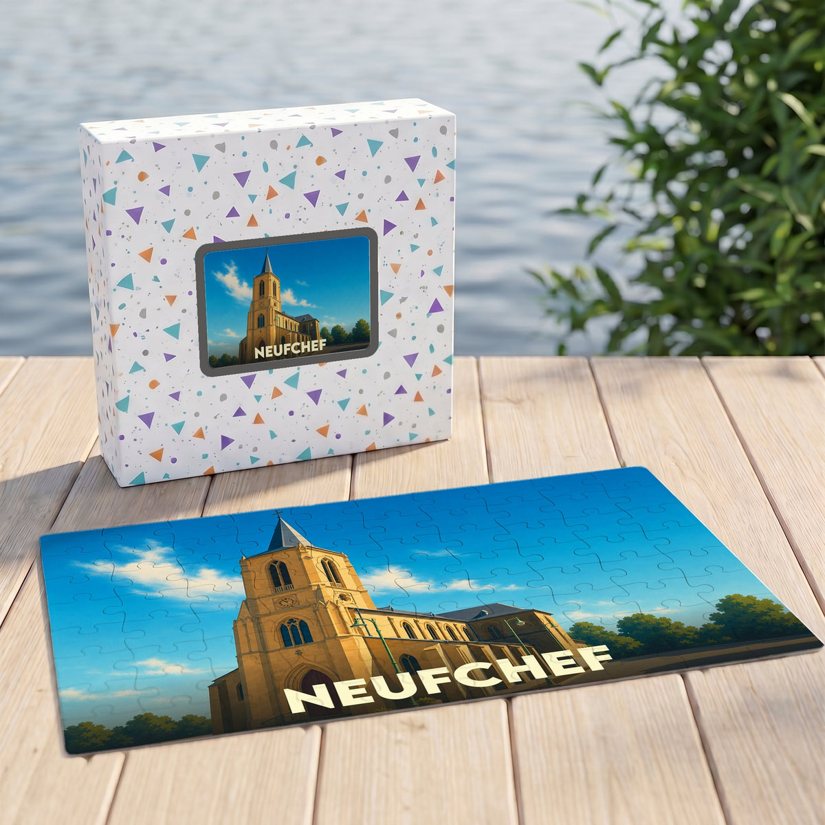 Puzzle souvenir de la ville de Neufchef illustrant son église sous un ciel bleu.
