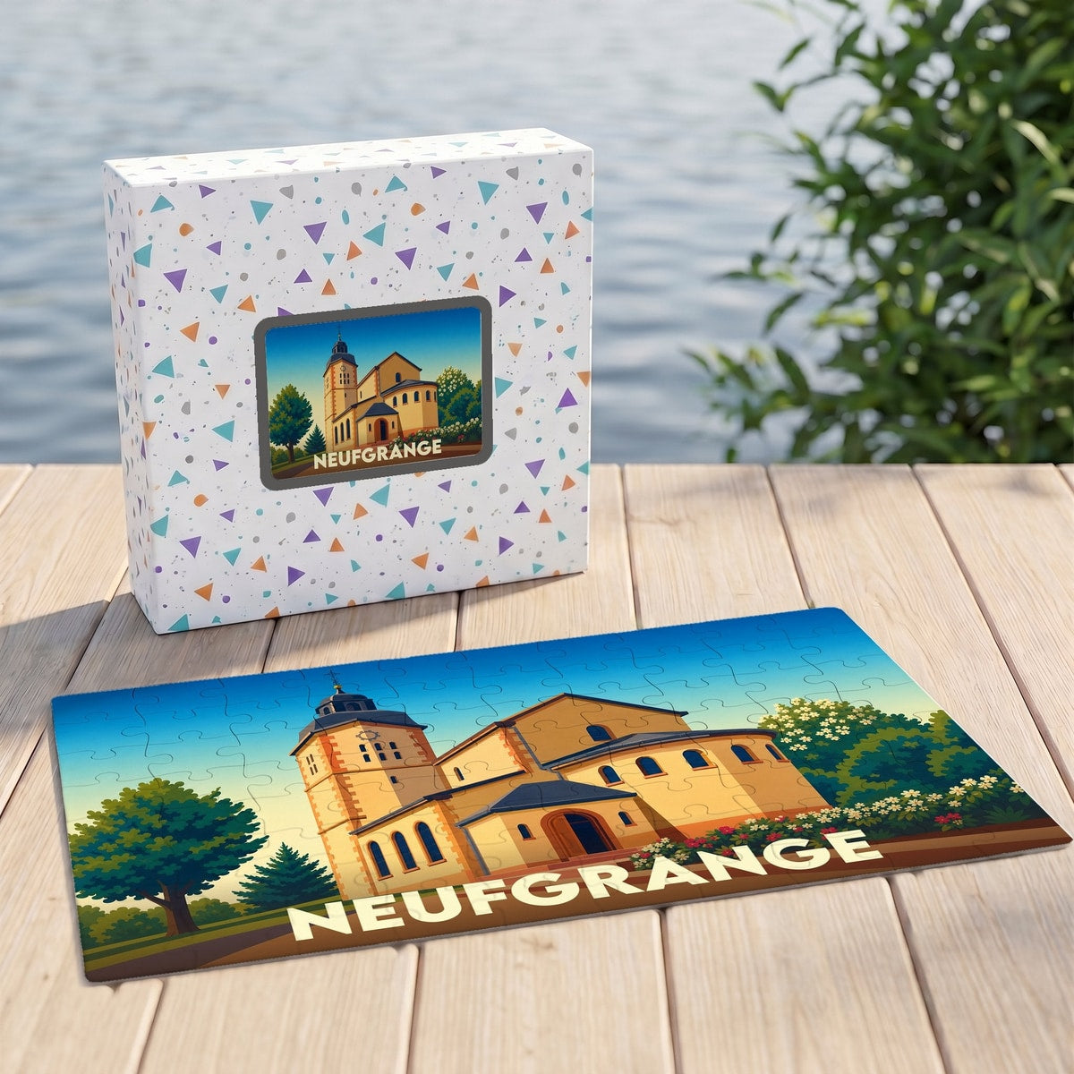 Puzzle souvenir de la ville de Neufgrange avec une illustration stylisée de son église.
