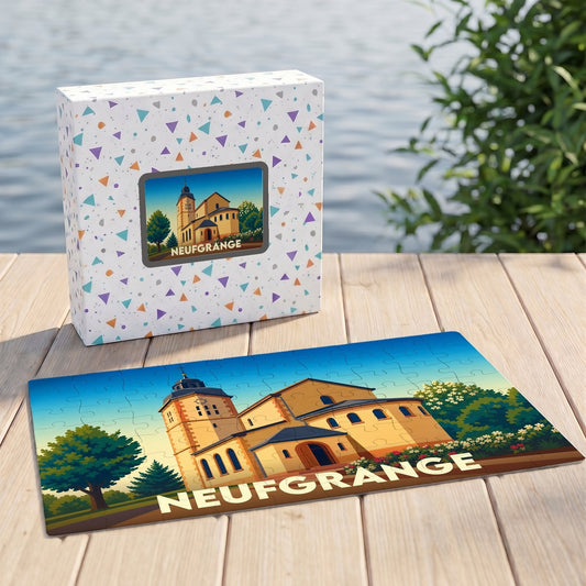 Puzzle souvenir de la ville de Neufgrange avec une illustration stylisée de son église.