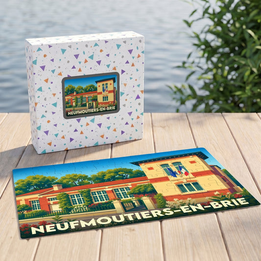 Puzzle souvenir de la ville de Neufmoutiers-en-Brie avec une illustration stylisée de sa mairie.