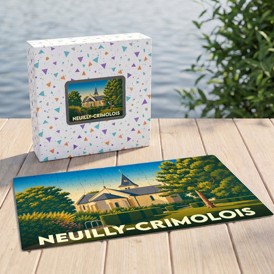 Puzzle souvenir de la ville de Neuilly-Crimolois avec une illustration stylisée de son église.