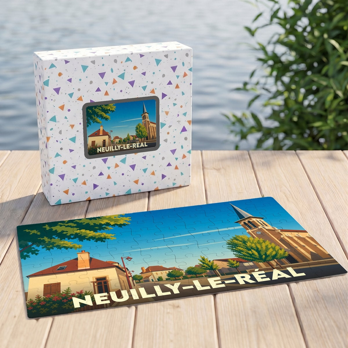 Puzzle souvenir de la ville de Neuilly-le-Réal avec une illustration stylisée et colorée de son architecture.