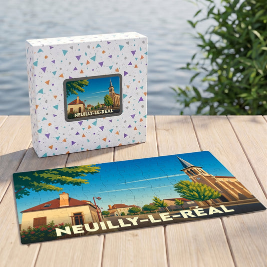 Puzzle souvenir de la ville de Neuilly-le-Réal avec une illustration stylisée et colorée de son architecture.