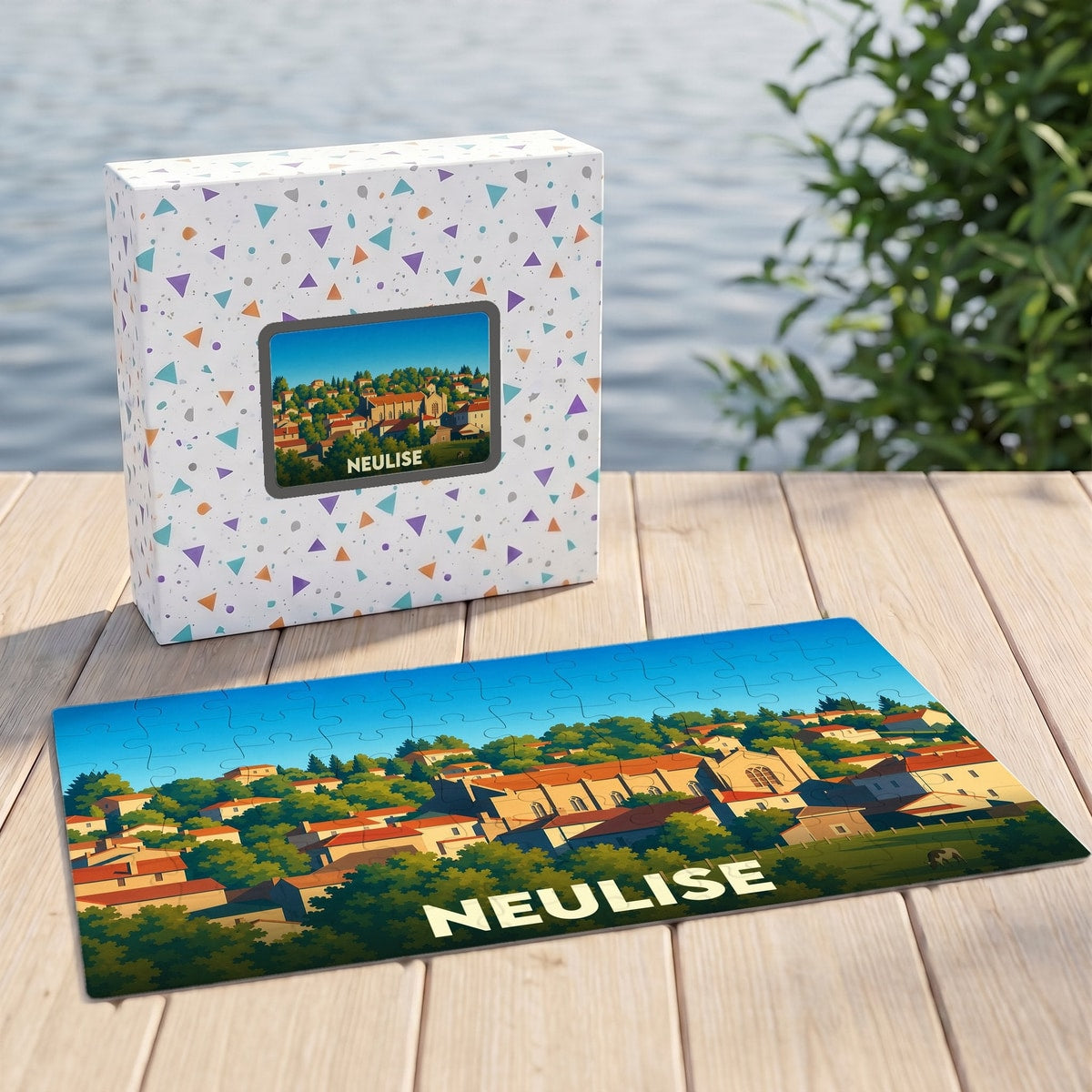 Puzzle souvenir de la ville de Neulise présentant une illustration panoramique stylisée dans sa boîte assortie.